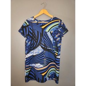 Tildon Women's Size Small‎ Short Sleeve Sheath Dress Blue Geometric Pattern